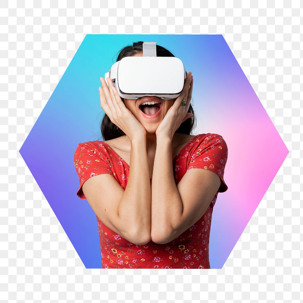 Png woman wearing vr glass, metaverse concept, hexagon badge in transparent background