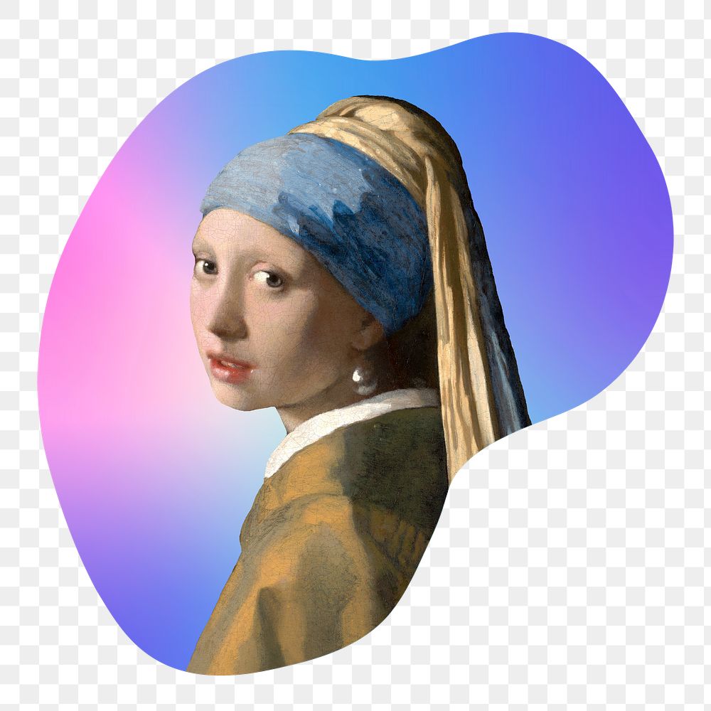 Png girl with the pearl earrings, Vermeer's famous painting on gradient shape background, remixed by rawpixel