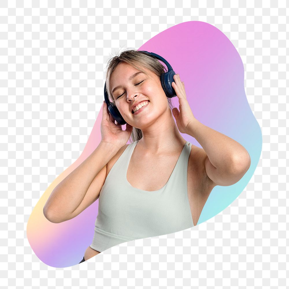 Png woman listening to music, transparent background