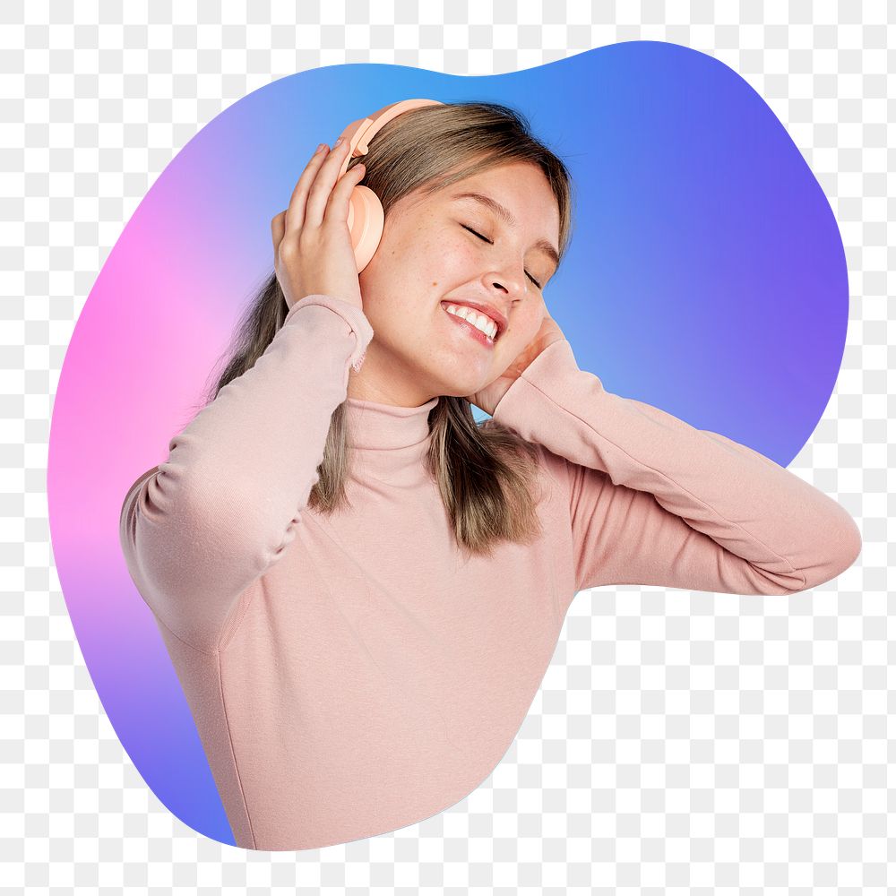 Png woman listening to music, transparent background