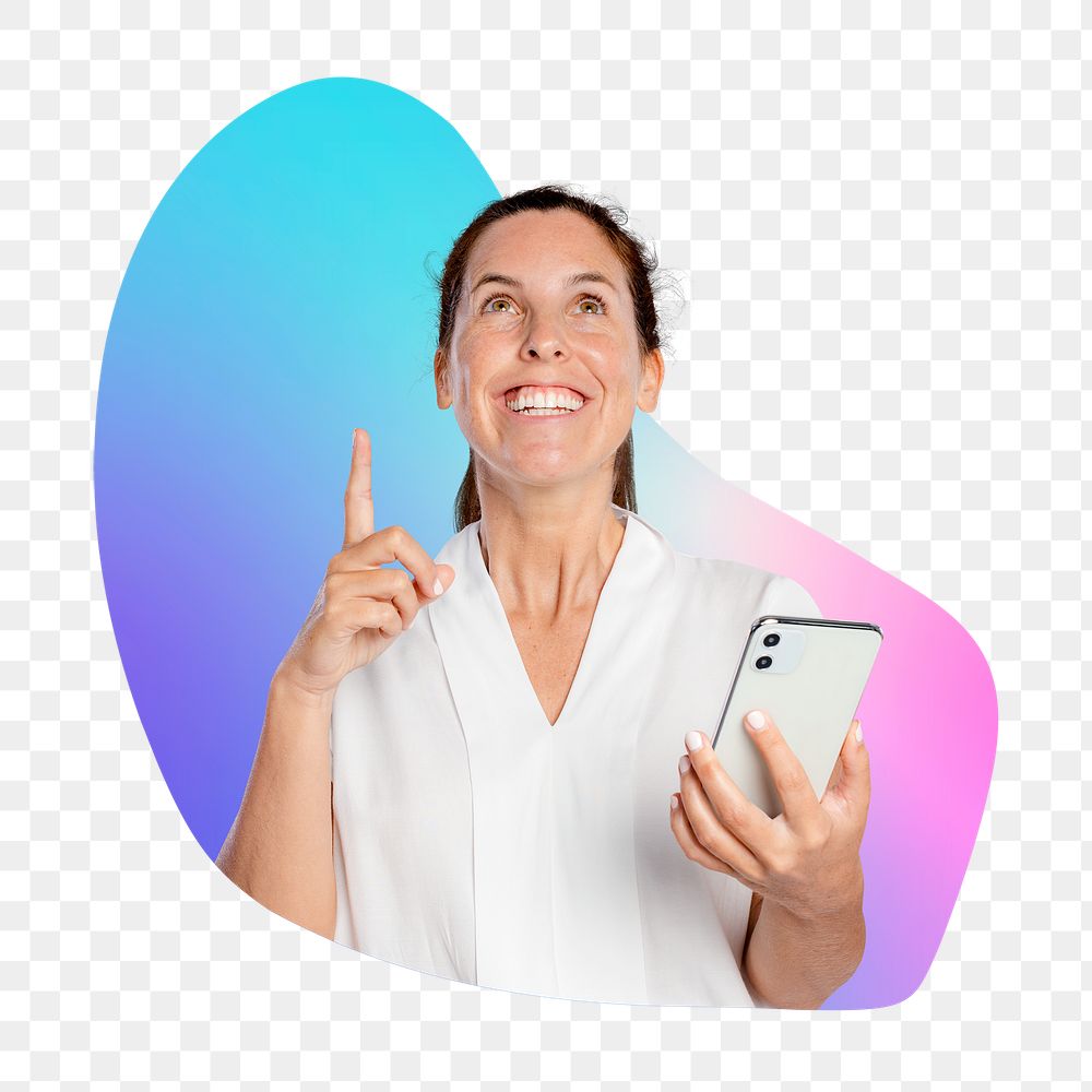 Png woman coming up with ideas carrying a phone, transparent background