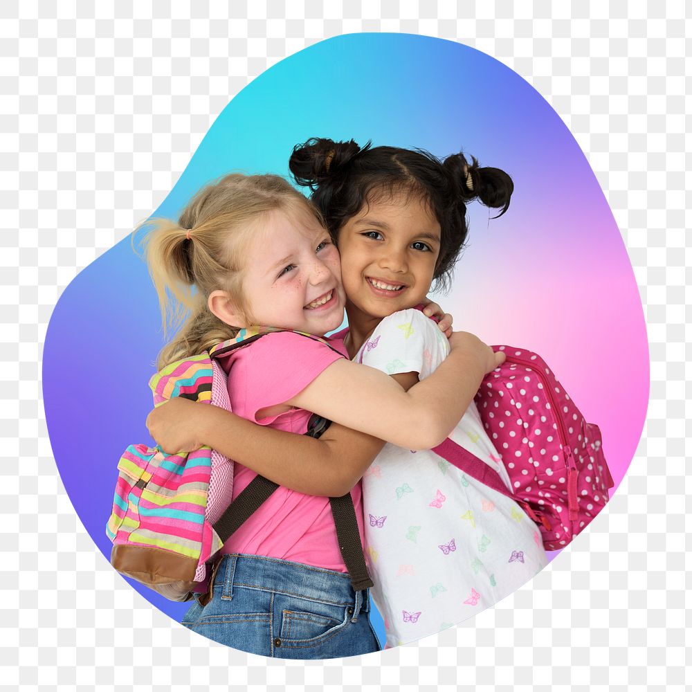 Happy little girls png hugging each other, transparent background