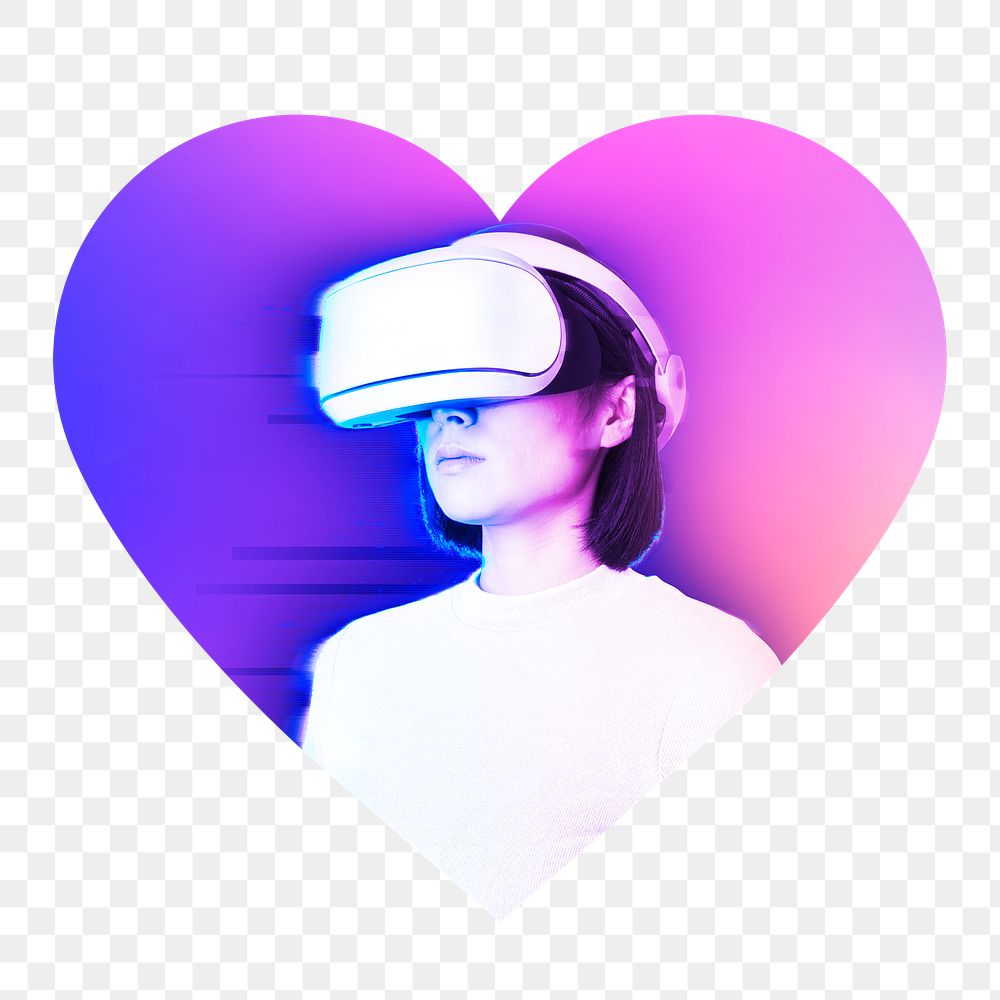Png woman wearing vr glass, metaverse concept, heart badge design in transparent background