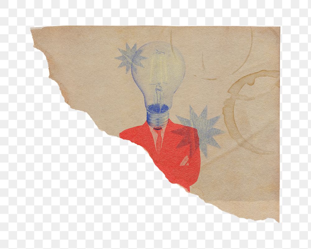 Png light bulb head businessman ripped paper sticker, business concept art, transparent background