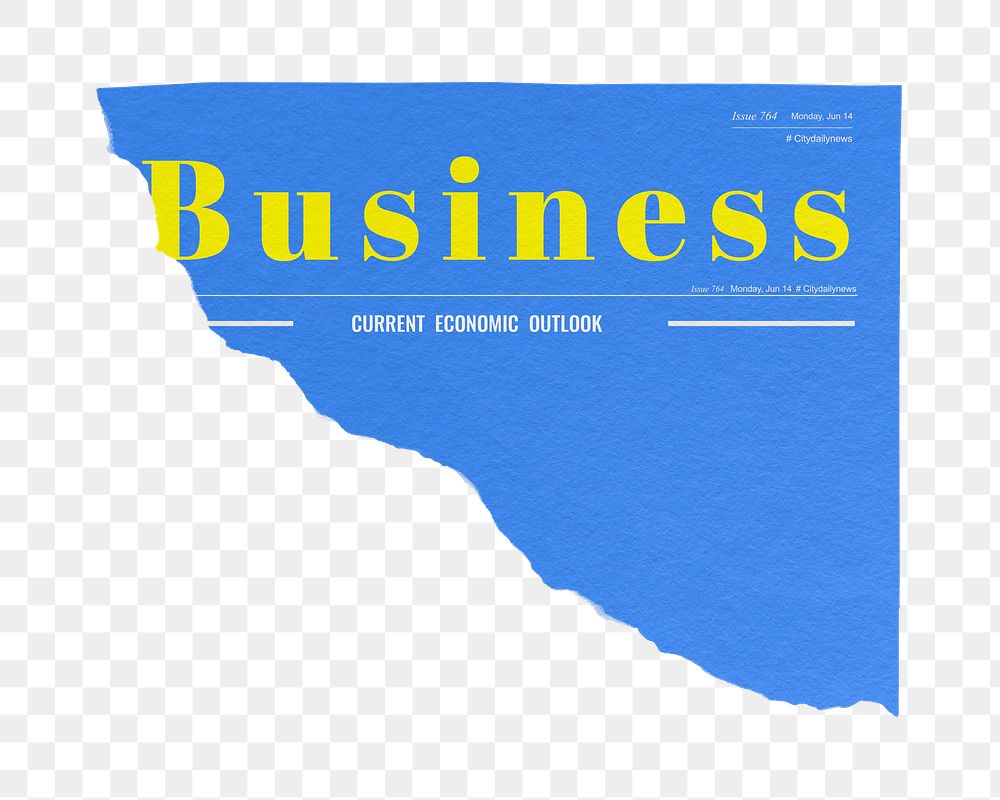 Blue business png ripped newspaper sticker, modern nameplate design, transparent background