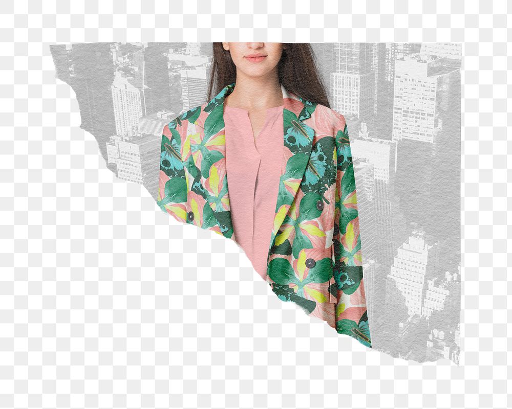 Trendy businesswoman png sticker, torn paper, fashion remixed media, transparent background