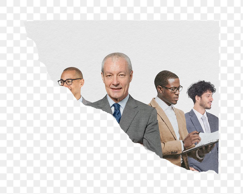 Png successful business team, ripped photo sticker on transparent background