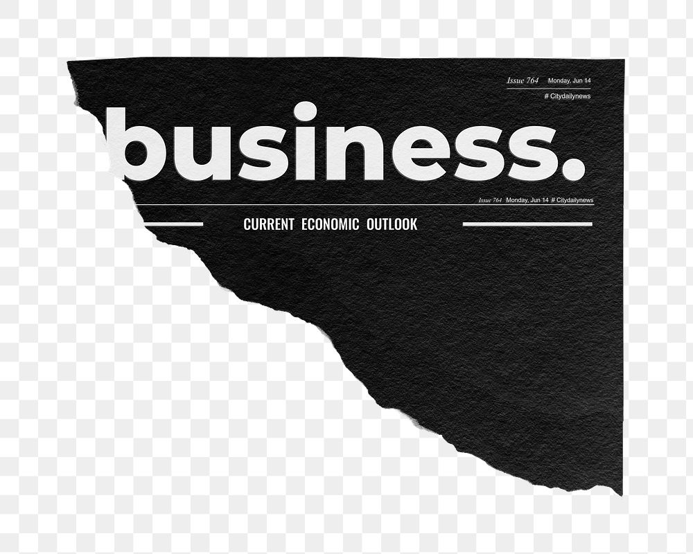 Black business png ripped newspaper sticker, modern nameplate design, transparent background