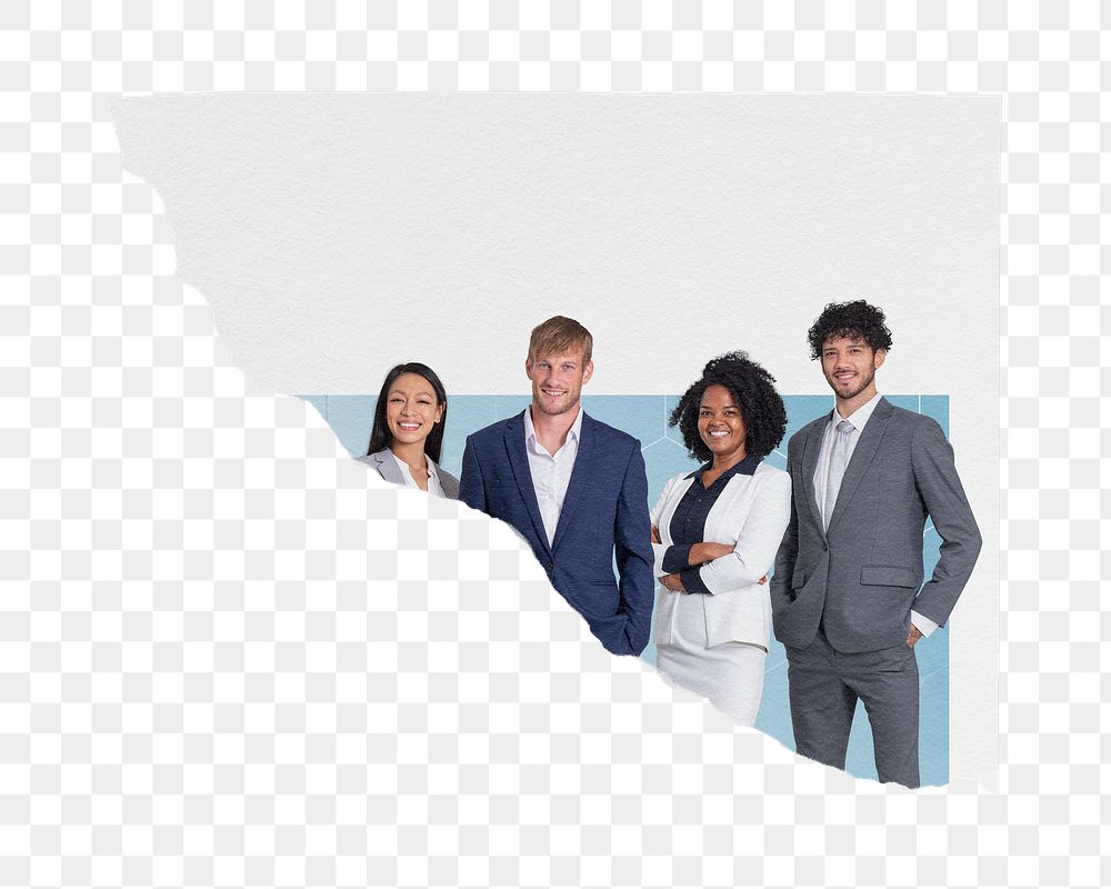 Diverse business png team, ripped paper sticker on transparent background