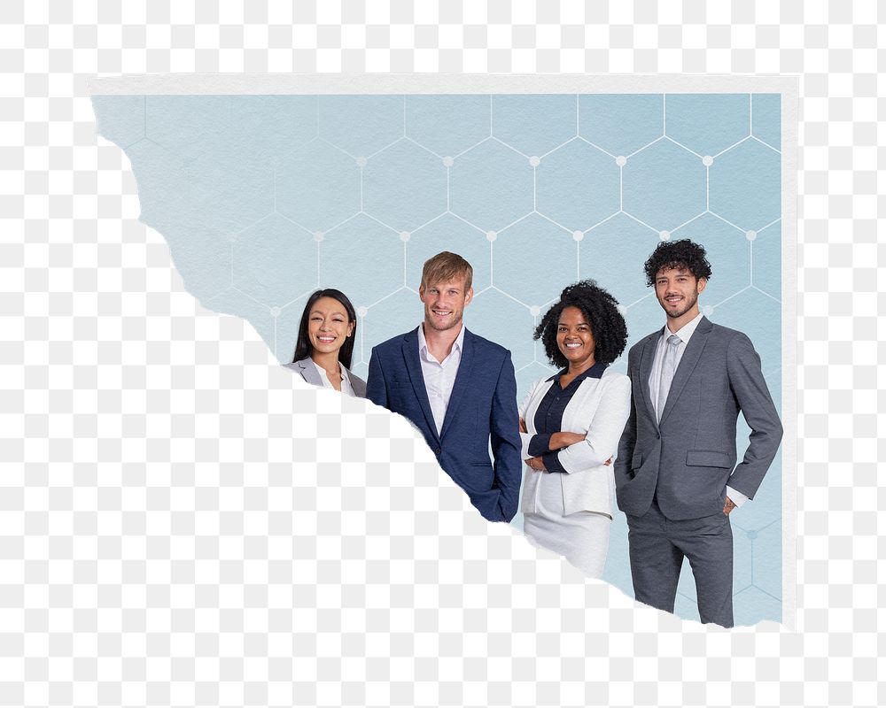 Diverse business png team, ripped paper sticker on transparent background