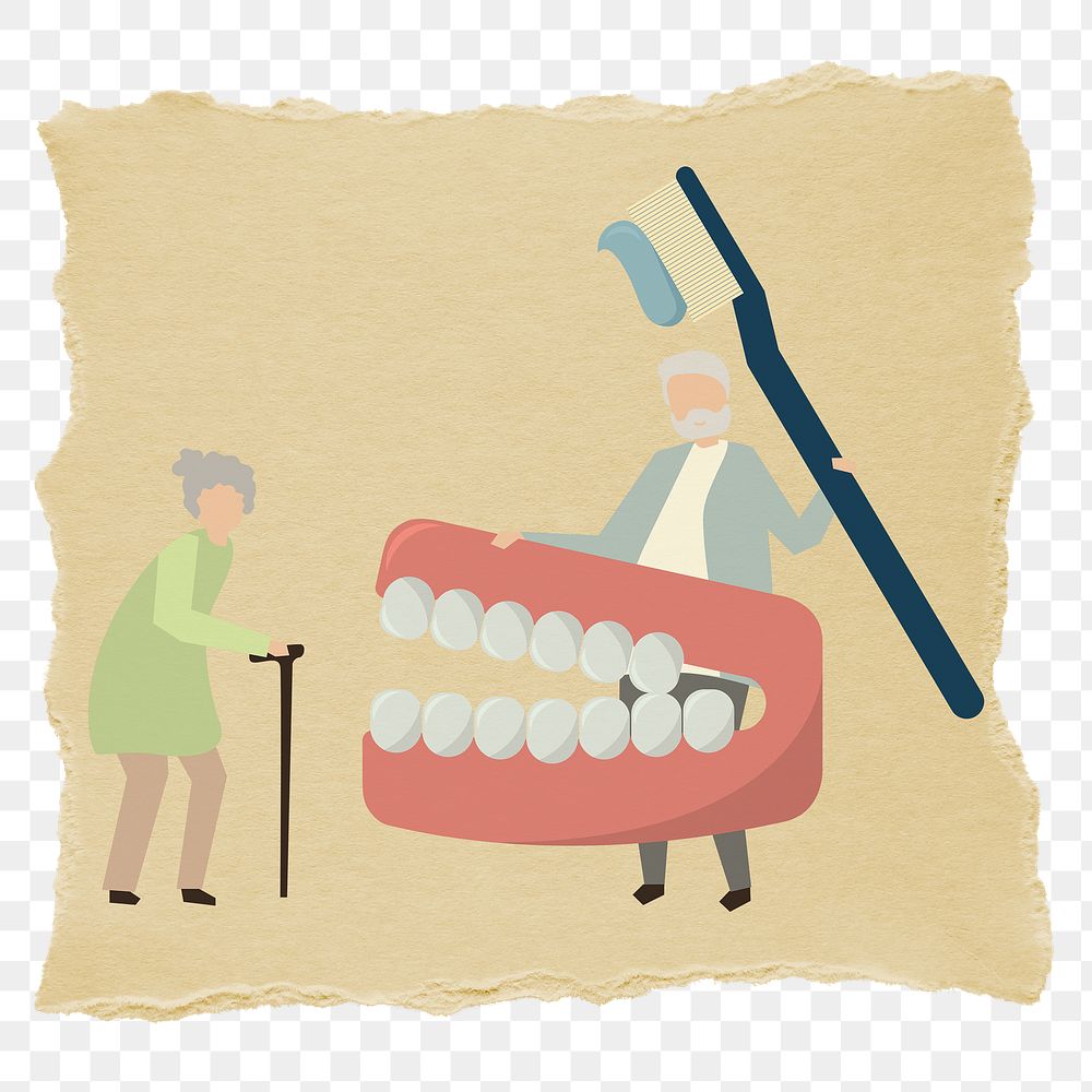 Png elderly paper sticker, dental care, transparent background