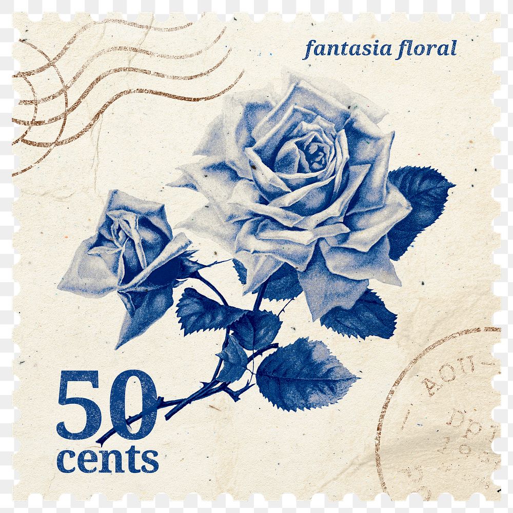 PNG rose postage stamp, aesthetic flower collage element, transparent background