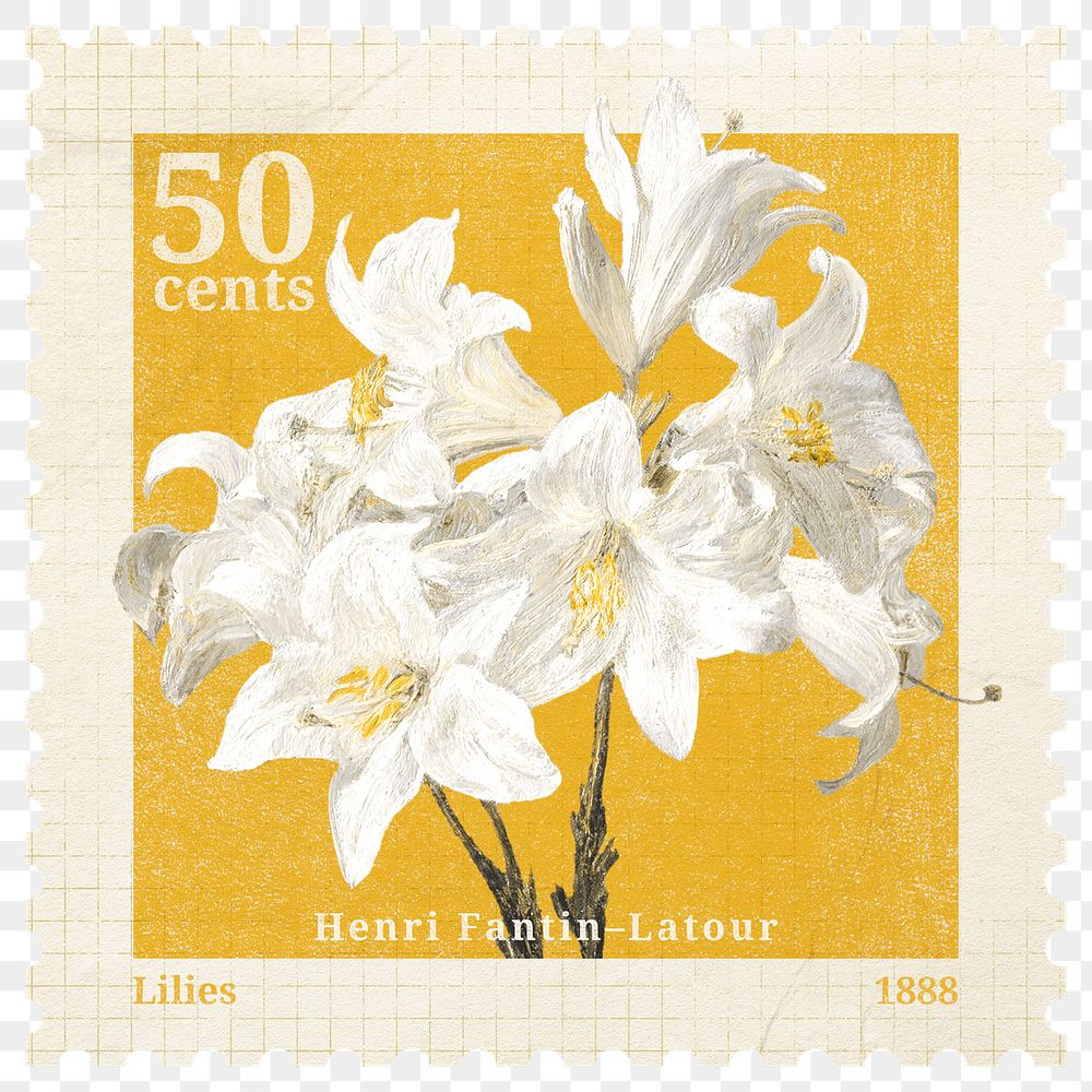 PNG floral postage stamp, aesthetic white lily collage element, transparent background