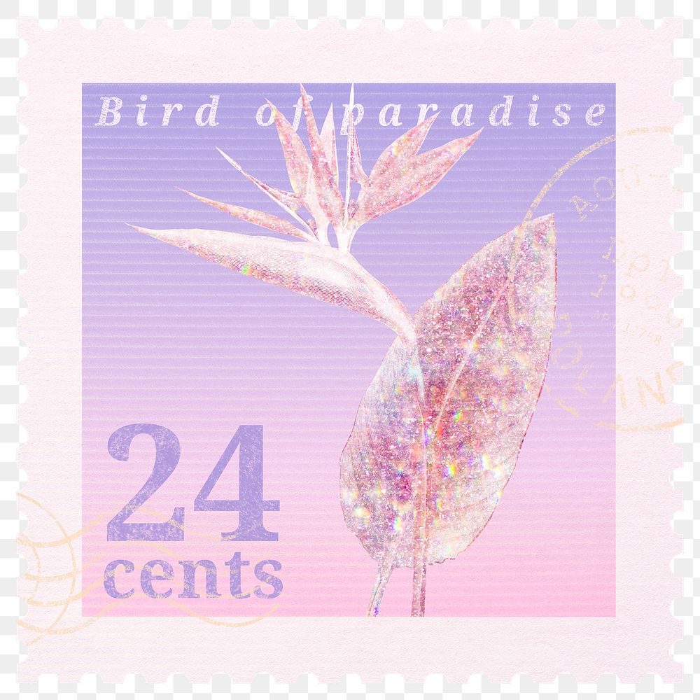 Floral postage stamp png, aesthetic holographic bird of paradise collage element, transparent background