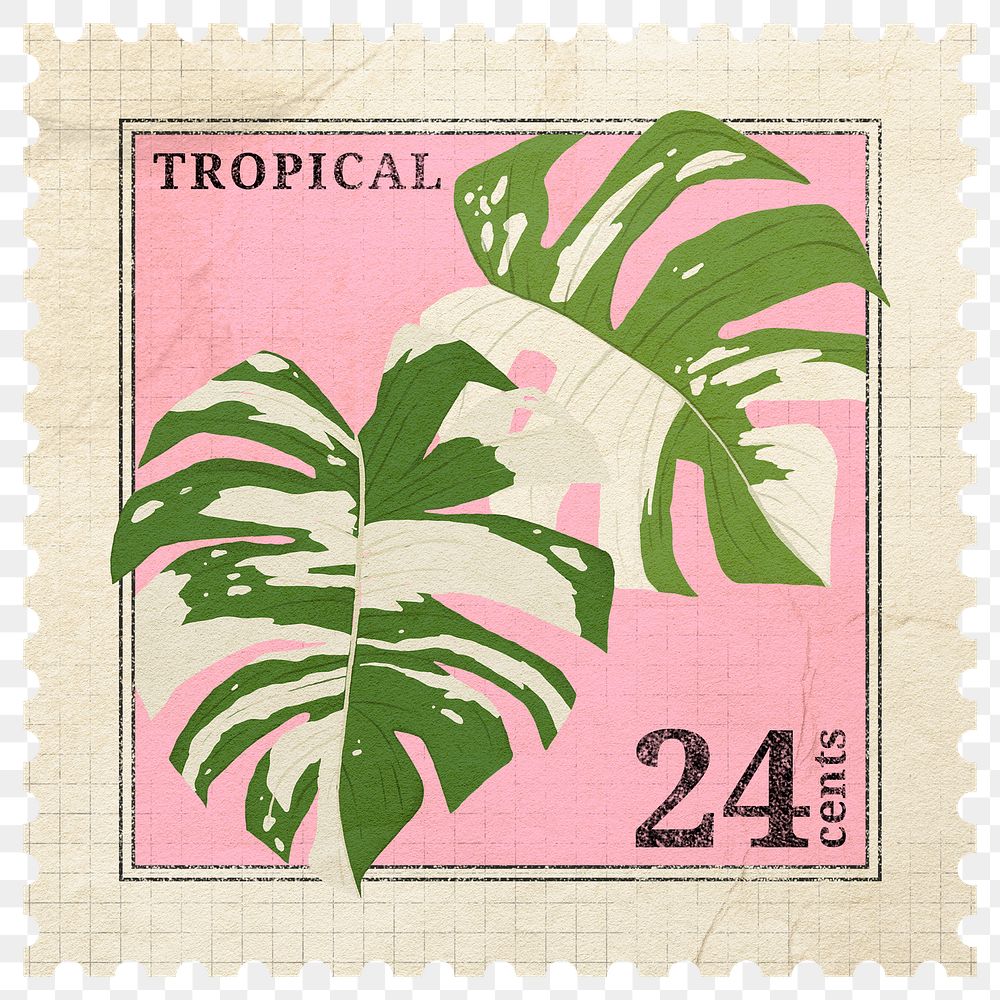 Postage stamp png, monstera leaf sticker, aesthetic collage element, transparent background