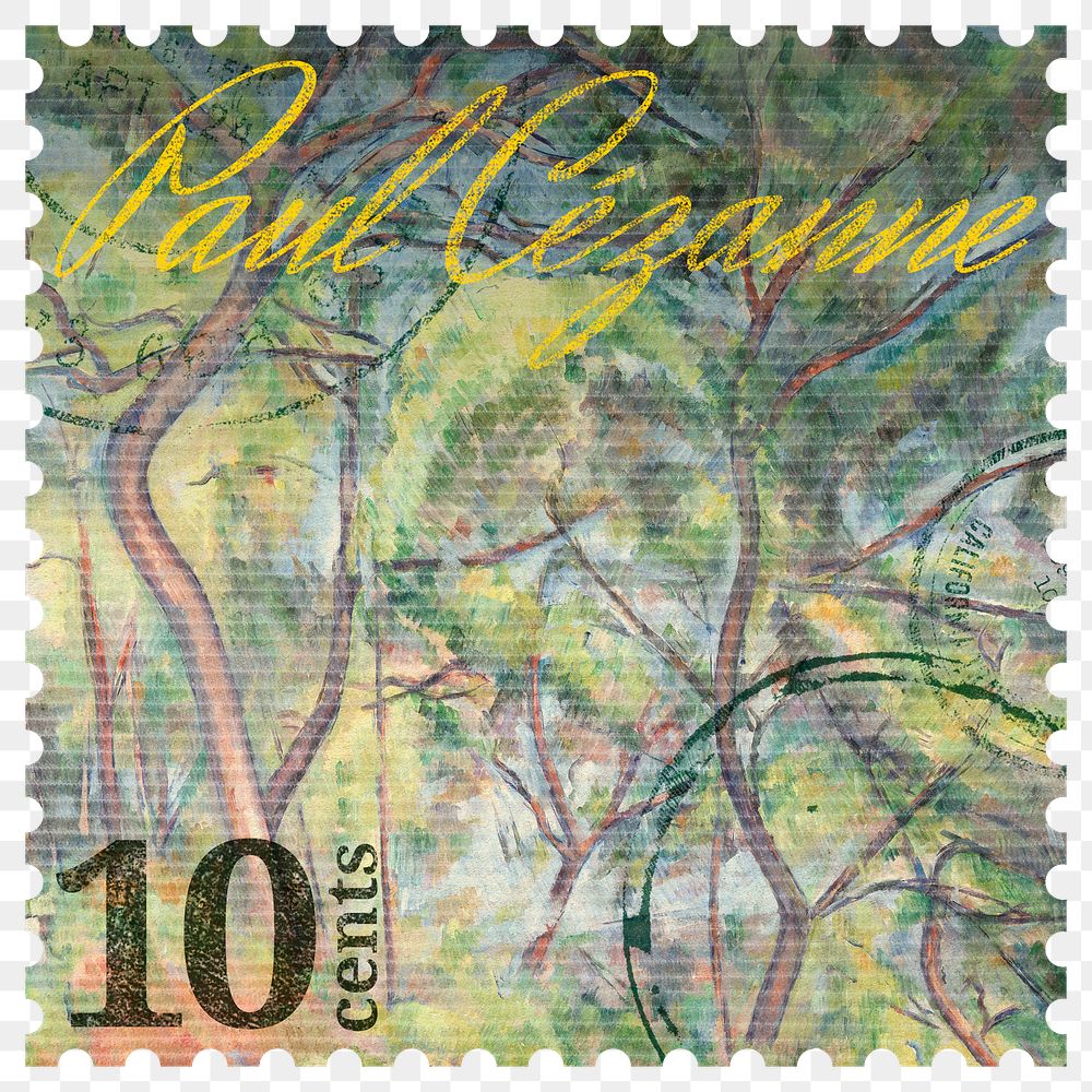 PNG Paul C&eacute;zanne's forest postage stamp, aesthetic collage element, transparent background, remixed by rawpixel