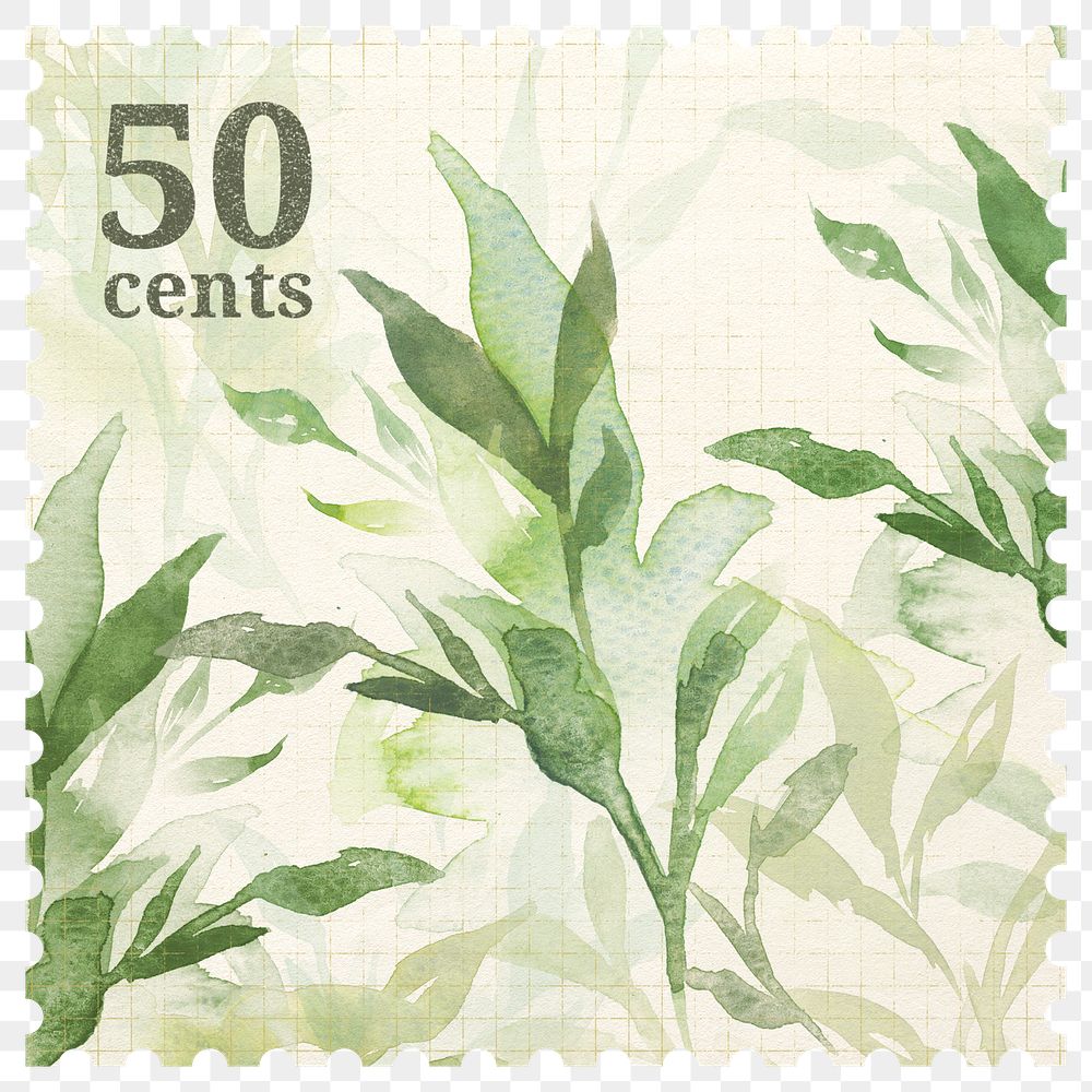 PNG watercolor plant postal stamp, aesthetic collage element, transparent background