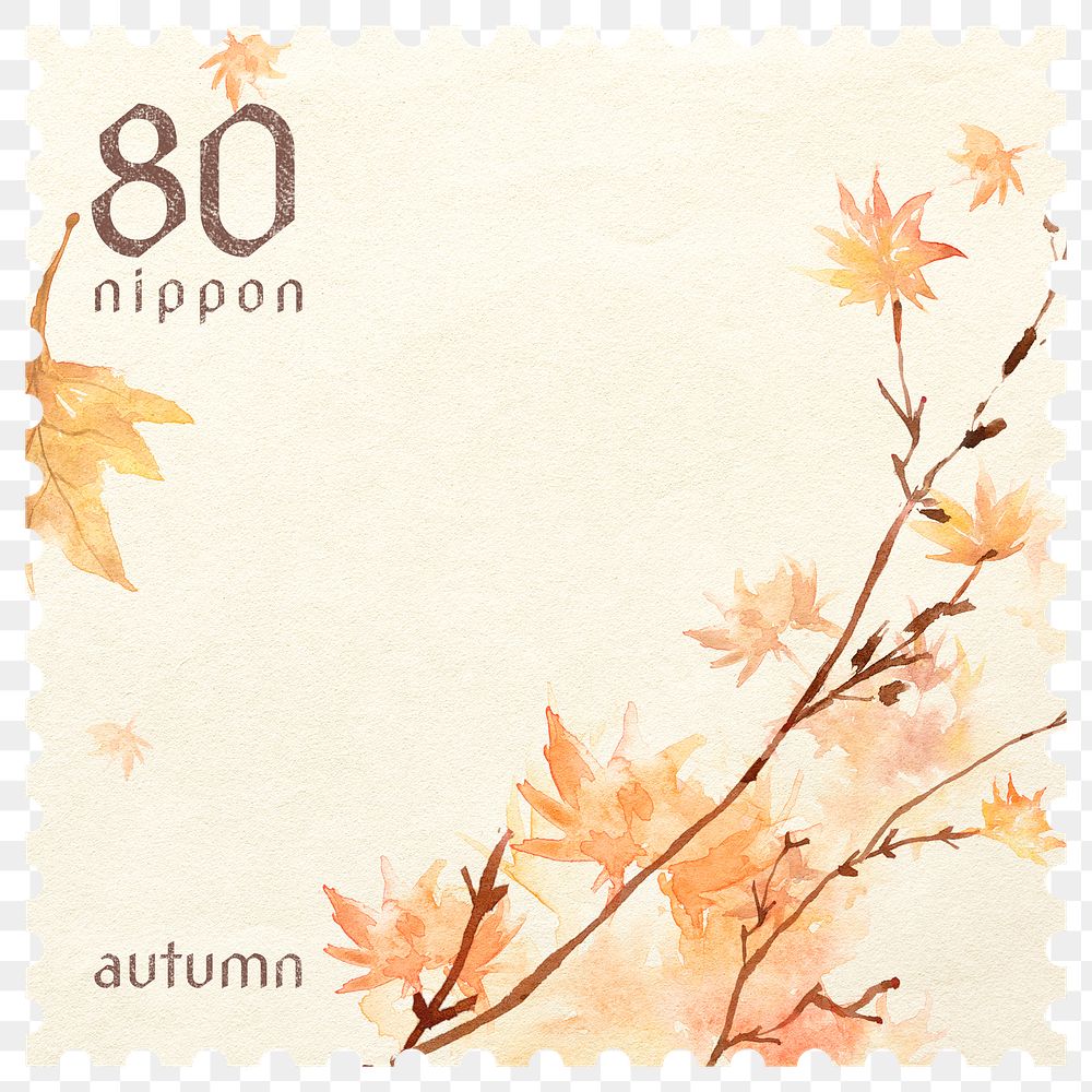 PNG watercolor autumn postal stamp, aesthetic sticker, transparent background
