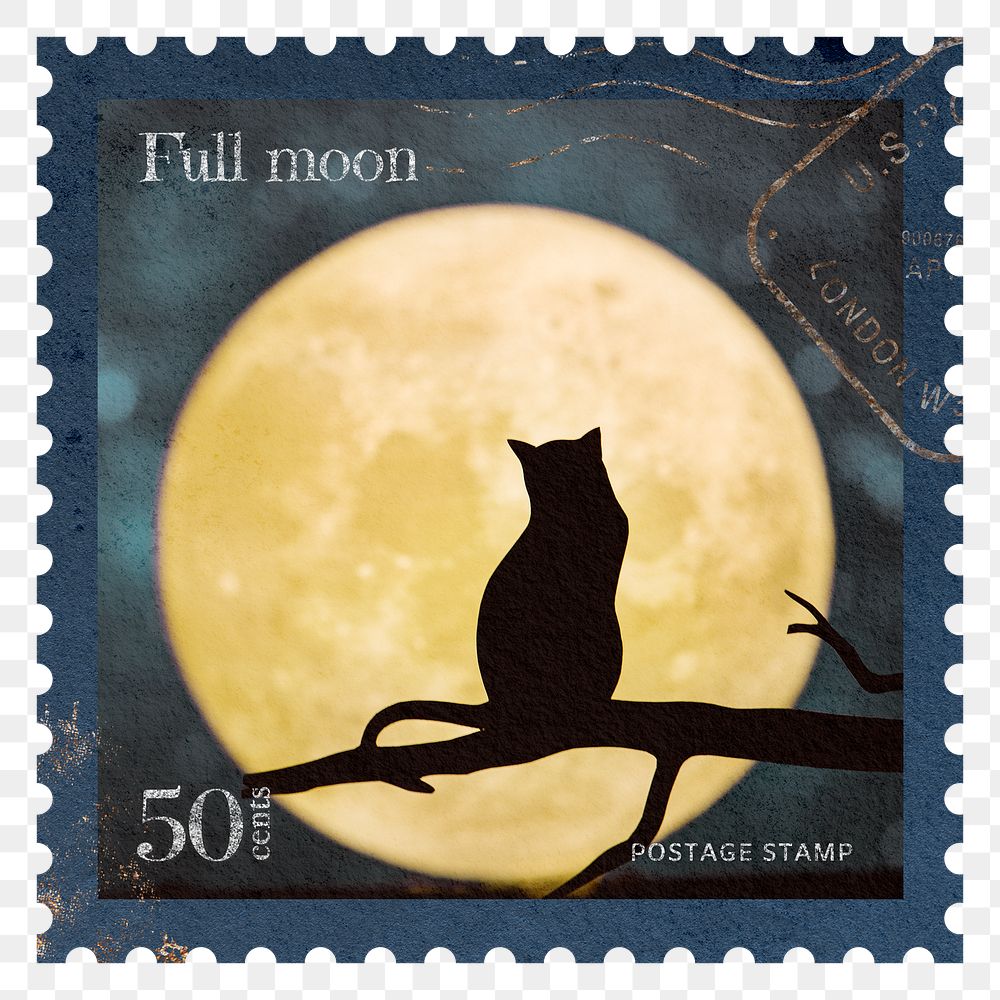 Moon & cat png post stamp sticker, transparent background