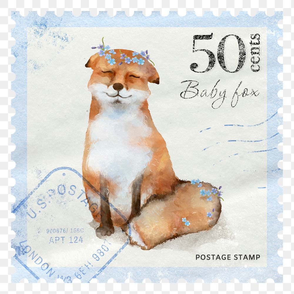 Cute fox png post stamp sticker, transparent background