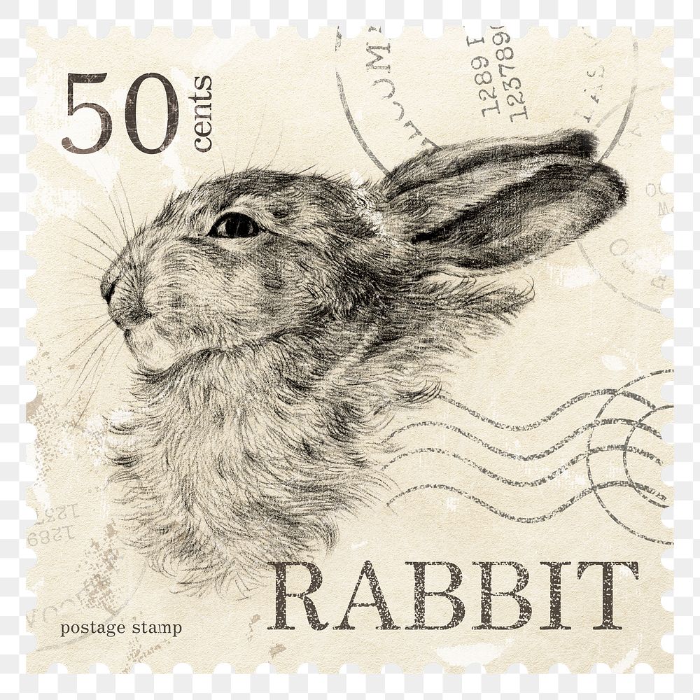 Rabbit png post stamp, ephemera sticker, transparent background
