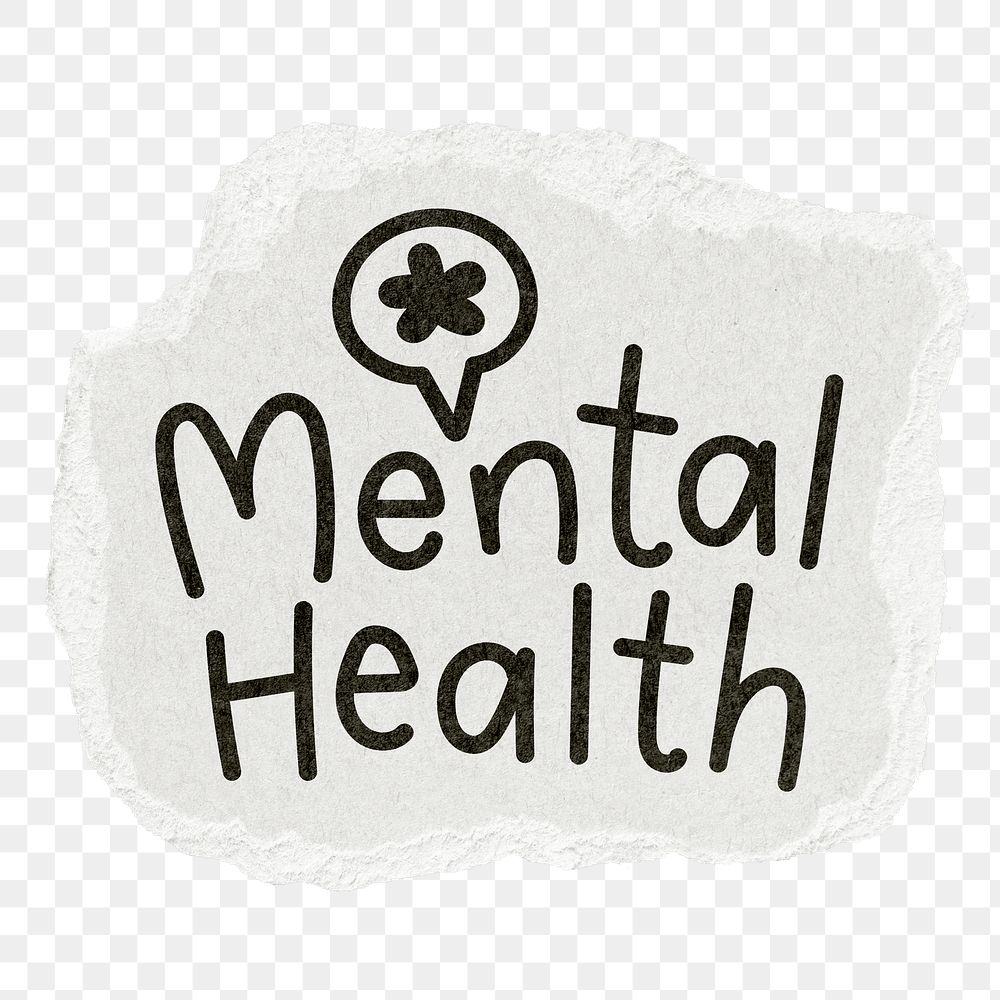 Mental health png word sticker, ripped paper typography, transparent background