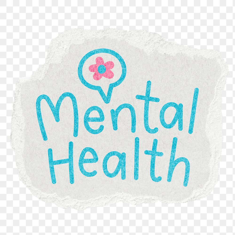 Mental health png word sticker, ripped paper typography, transparent background