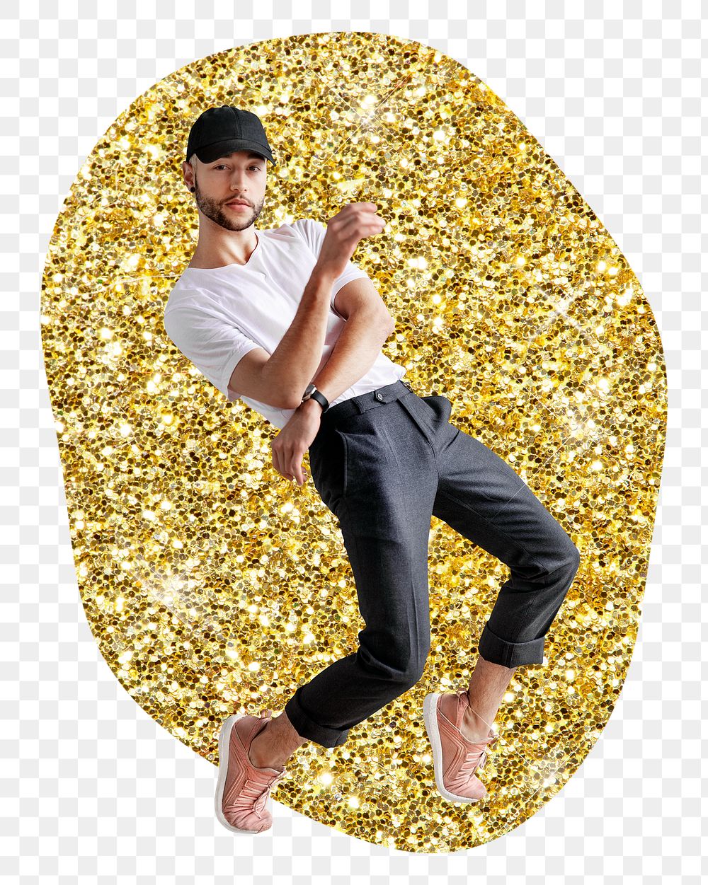 Male dancer png badge sticker, gold glitter blob shape, transparent background