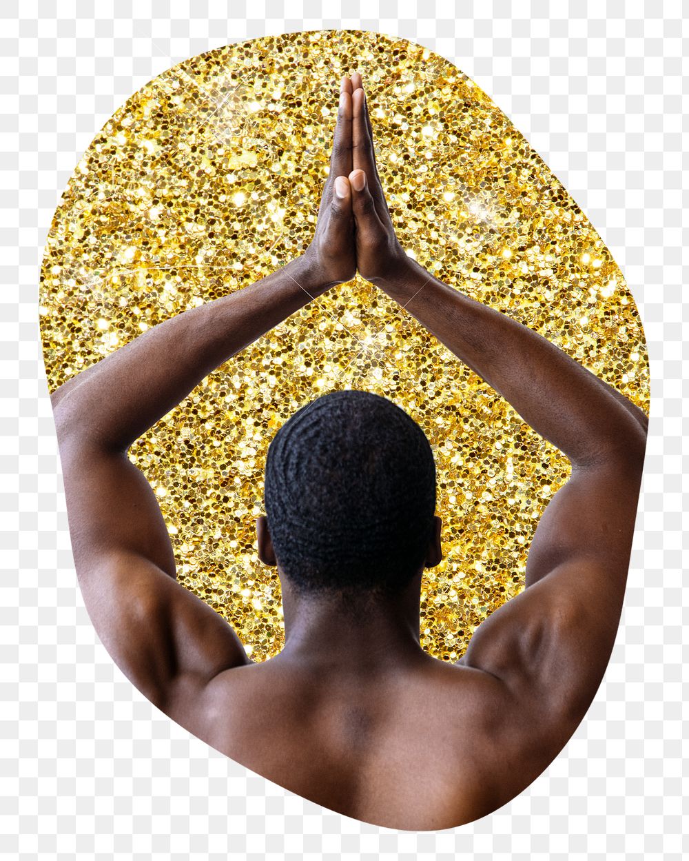 Muscular back png badge sticker, gold glitter blob shape, transparent background