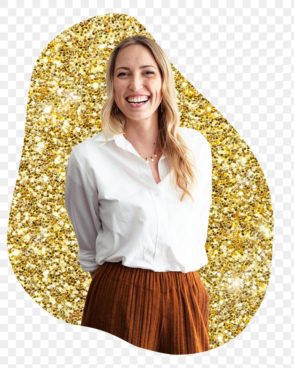 Businesswoman png badge sticker, gold glitter blob shape, transparent background
