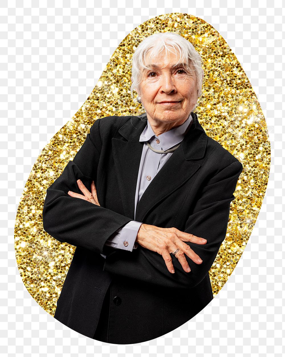 Senior businesswoman png badge sticker, gold glitter blob shape, transparent background