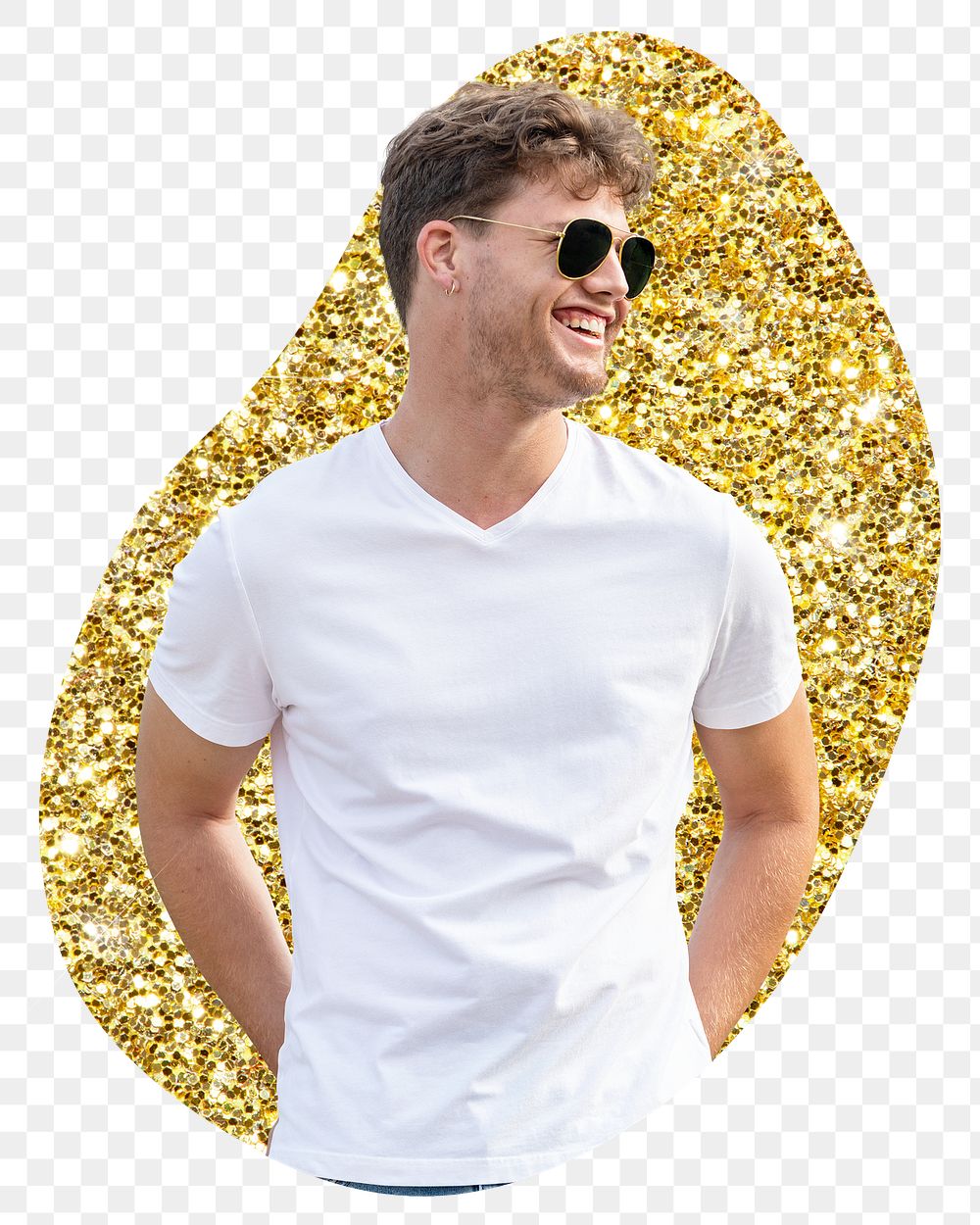 Happy man png badge sticker, gold glitter blob shape, transparent background