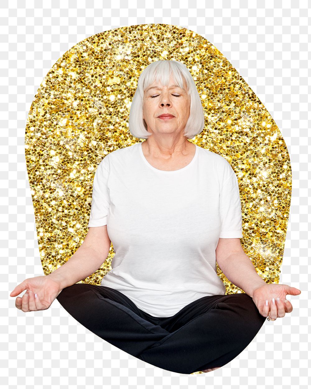 Png senior woman meditating badge sticker, gold glitter blob shape, transparent background