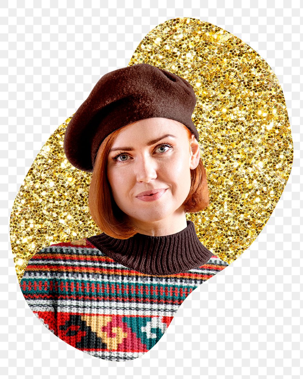 Png beret woman badge sticker, gold glitter blob shape, transparent background