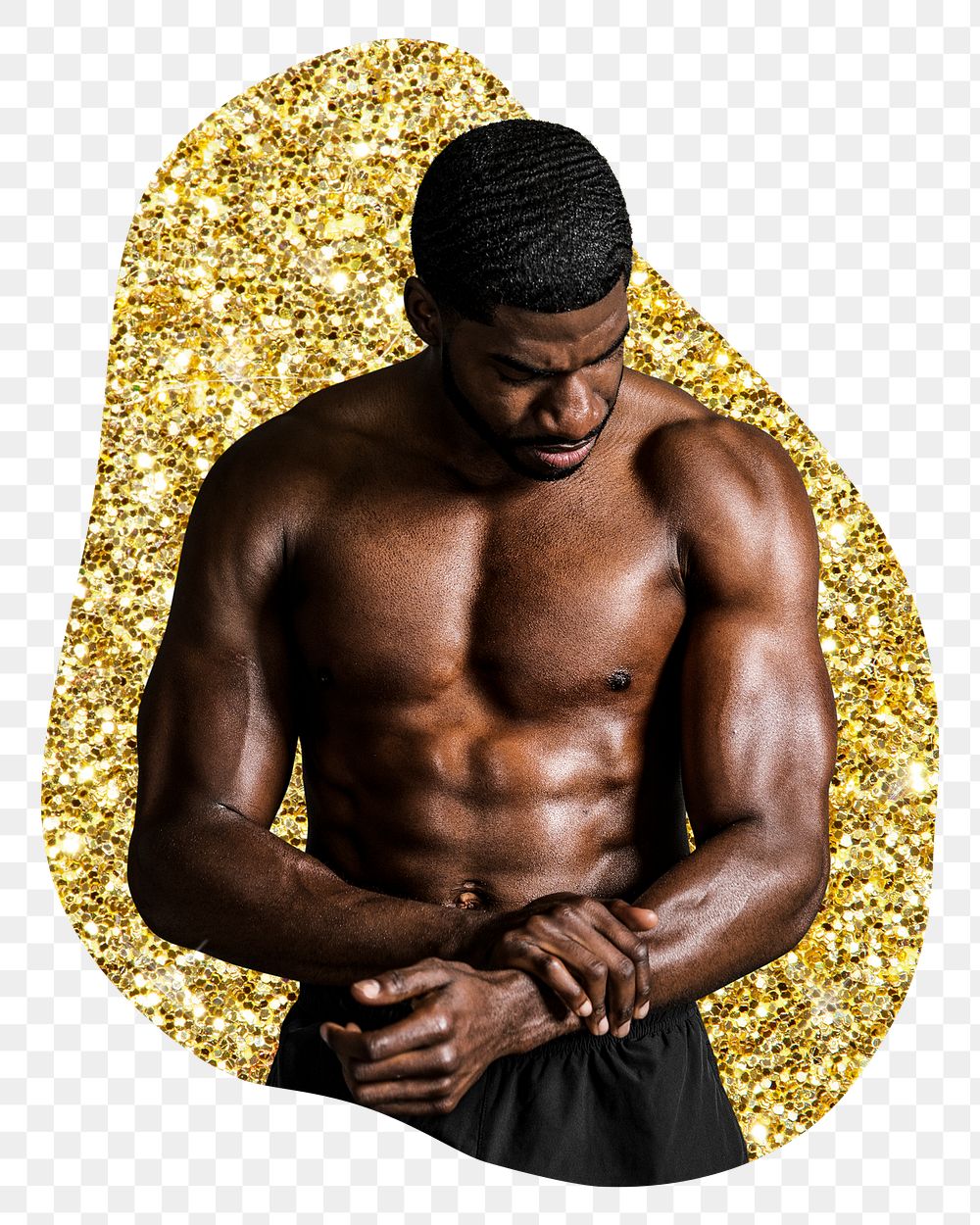 Png muscular topless man badge sticker, gold glitter blob shape, transparent background