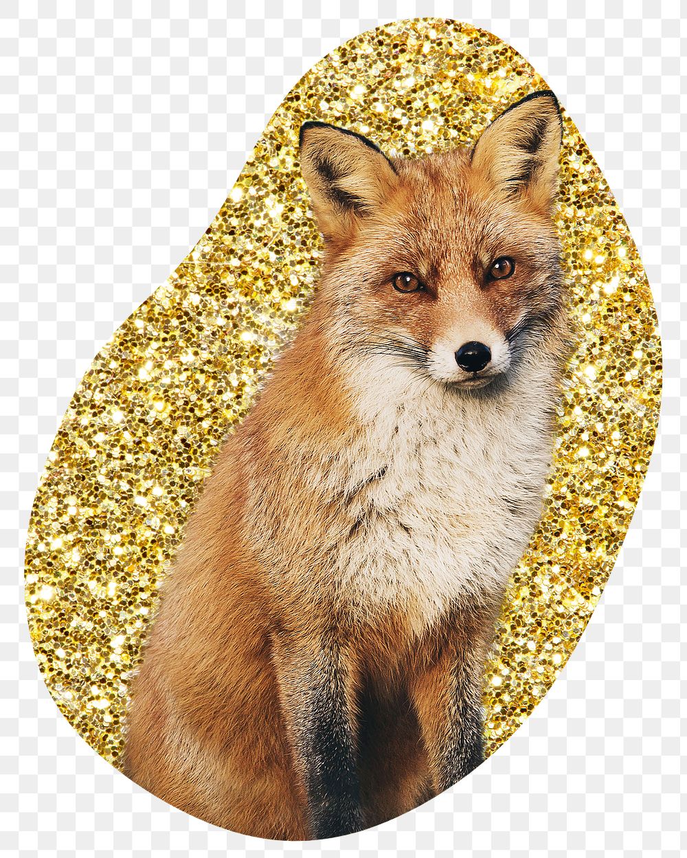 Fox png badge sticker, gold glitter blob shape, transparent background