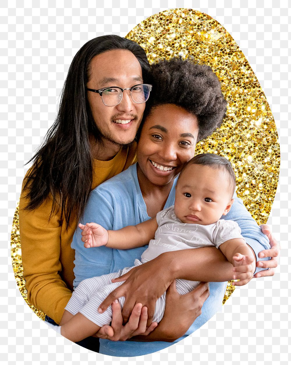 Cute family png badge sticker, gold glitter blob shape, transparent background