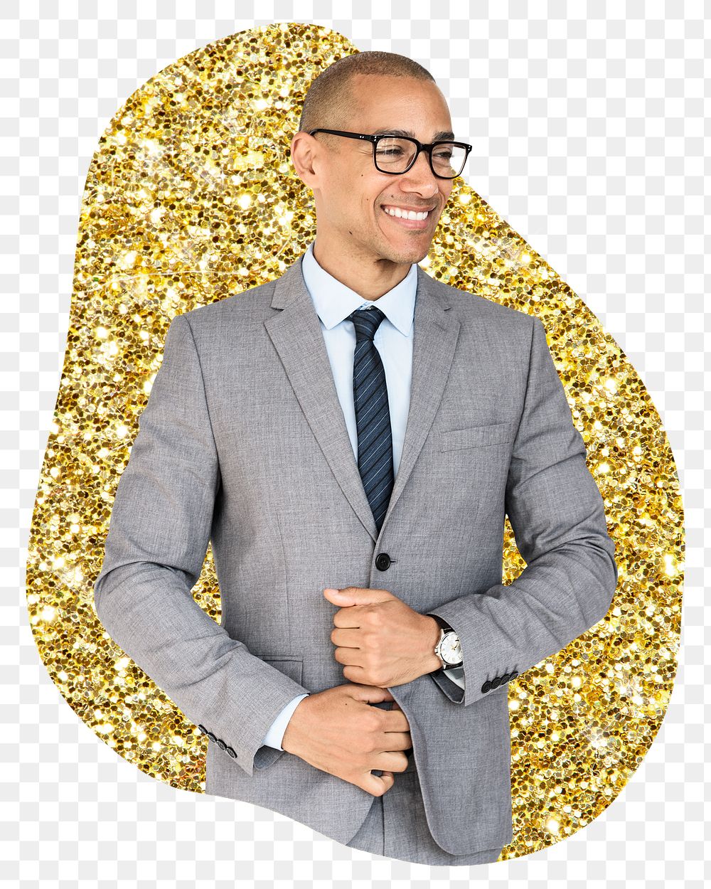 Confident businessman png badge sticker, gold glitter blob shape, transparent background