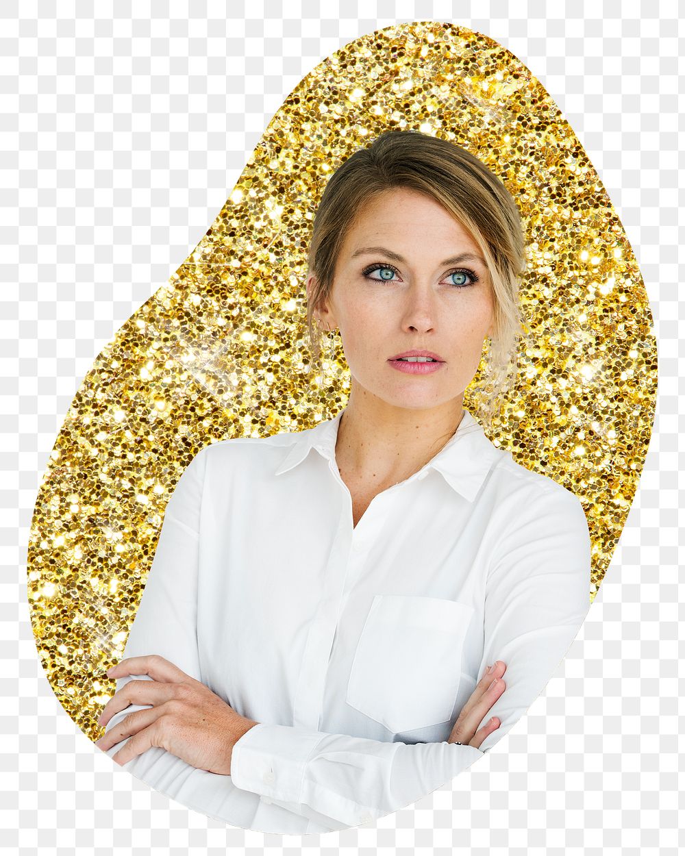 Businesswoman png badge sticker, gold glitter blob shape, transparent background