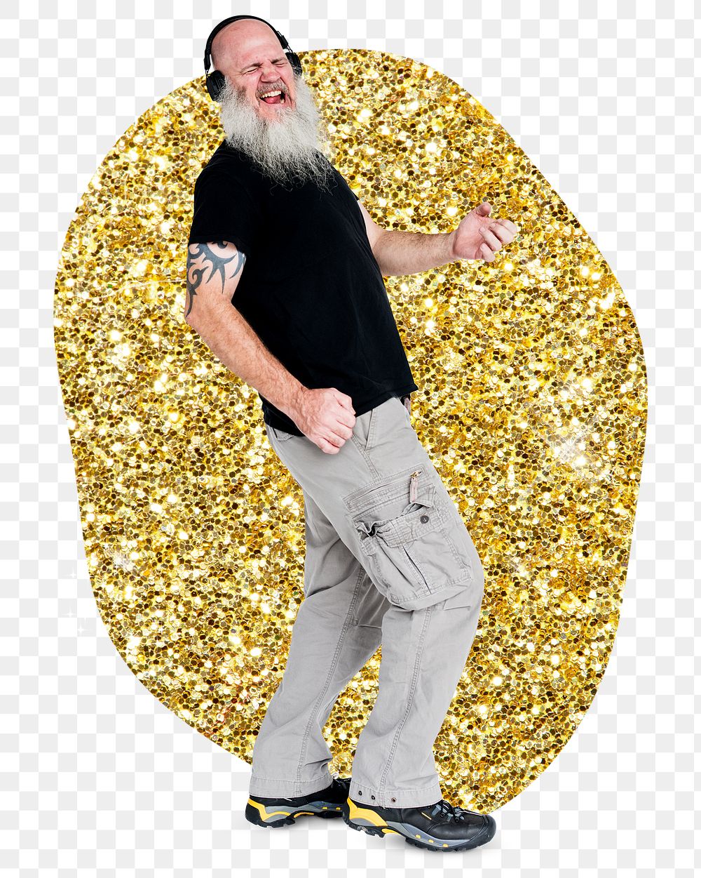 Png bearded man enjoying music badge sticker, gold glitter blob shape, transparent background