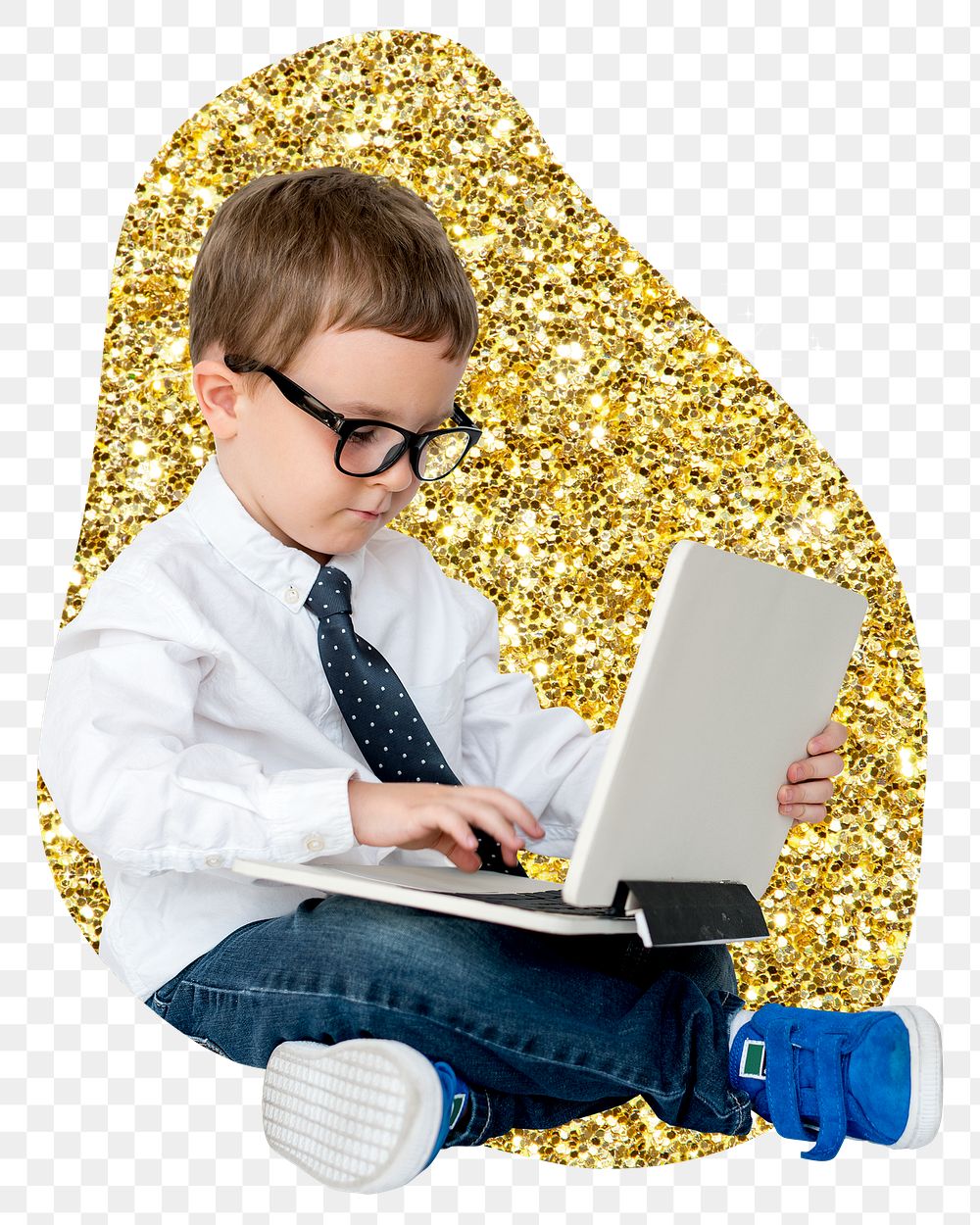 Png kid using laptop badge sticker, gold glitter blob shape, transparent background