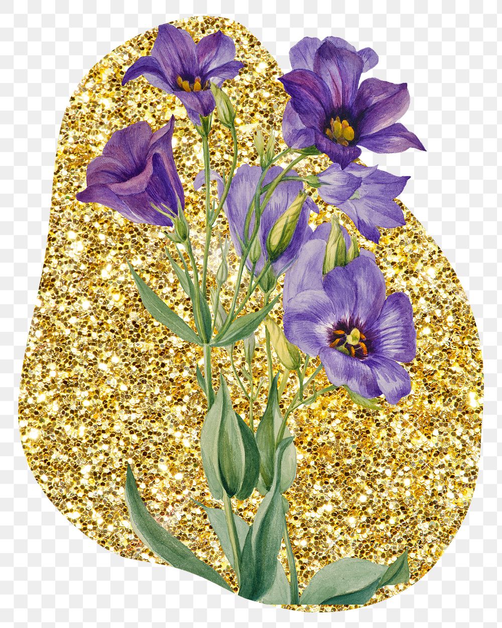 Png Texas bluebell flower badge sticker, gold glitter blob shape, transparent background