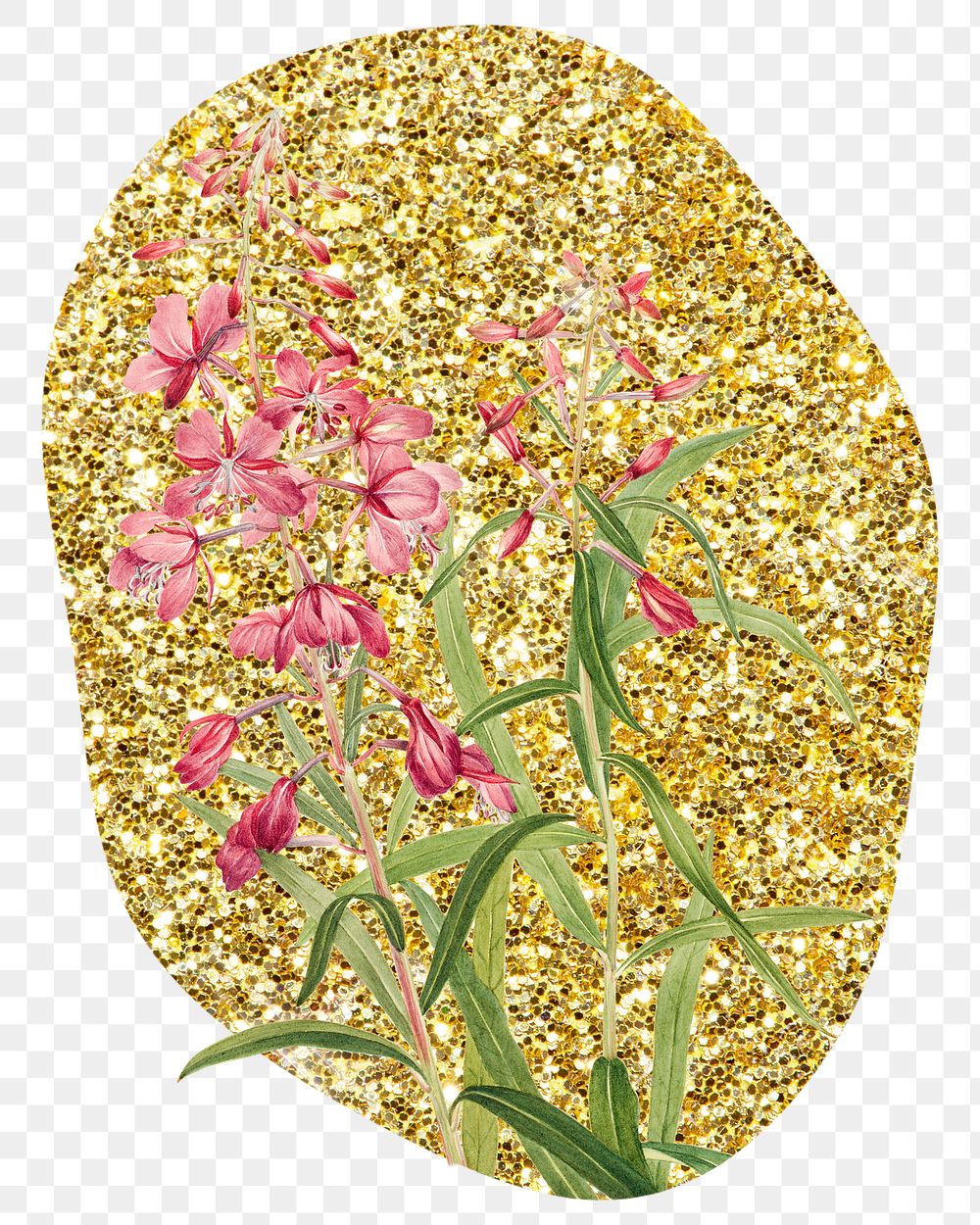 Fireweed flower png badge sticker, gold glitter blob shape, transparent background