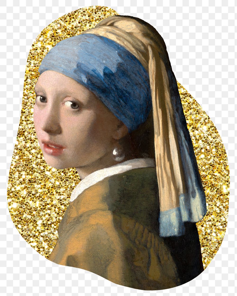 Png Girl with a Pearl Earring badge sticker, Johannes Vermeer's famous artwork, gold glitter blob shape, transparent…