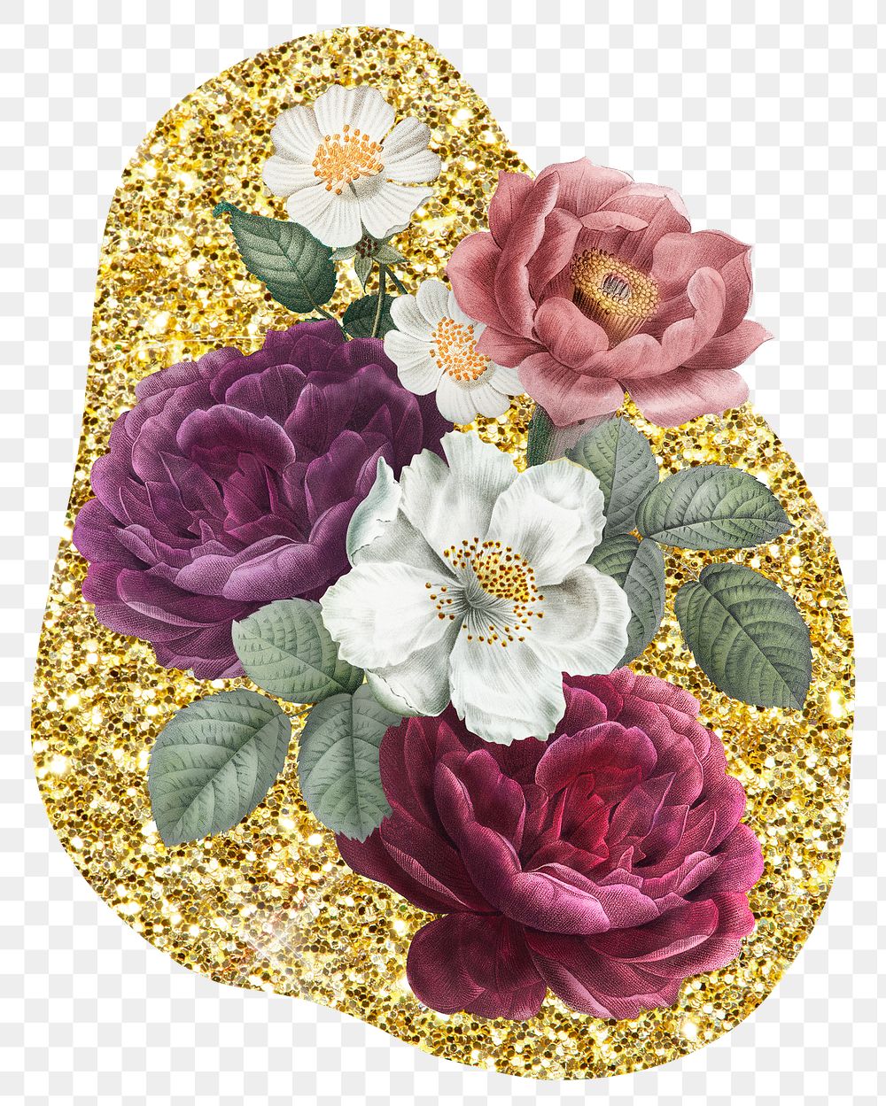 Roses png badge sticker, gold glitter blob shape, transparent background