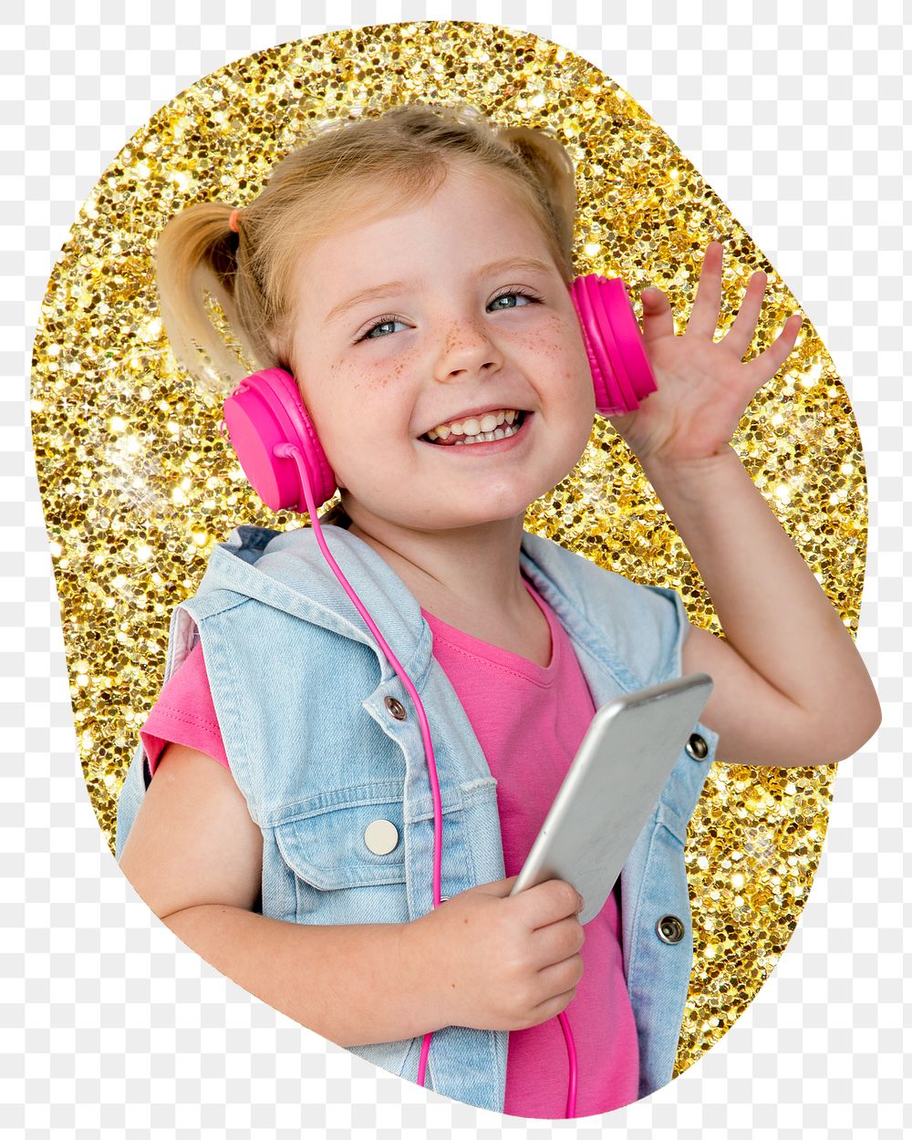 Png girl enjoying music badge sticker, gold glitter blob shape, transparent background