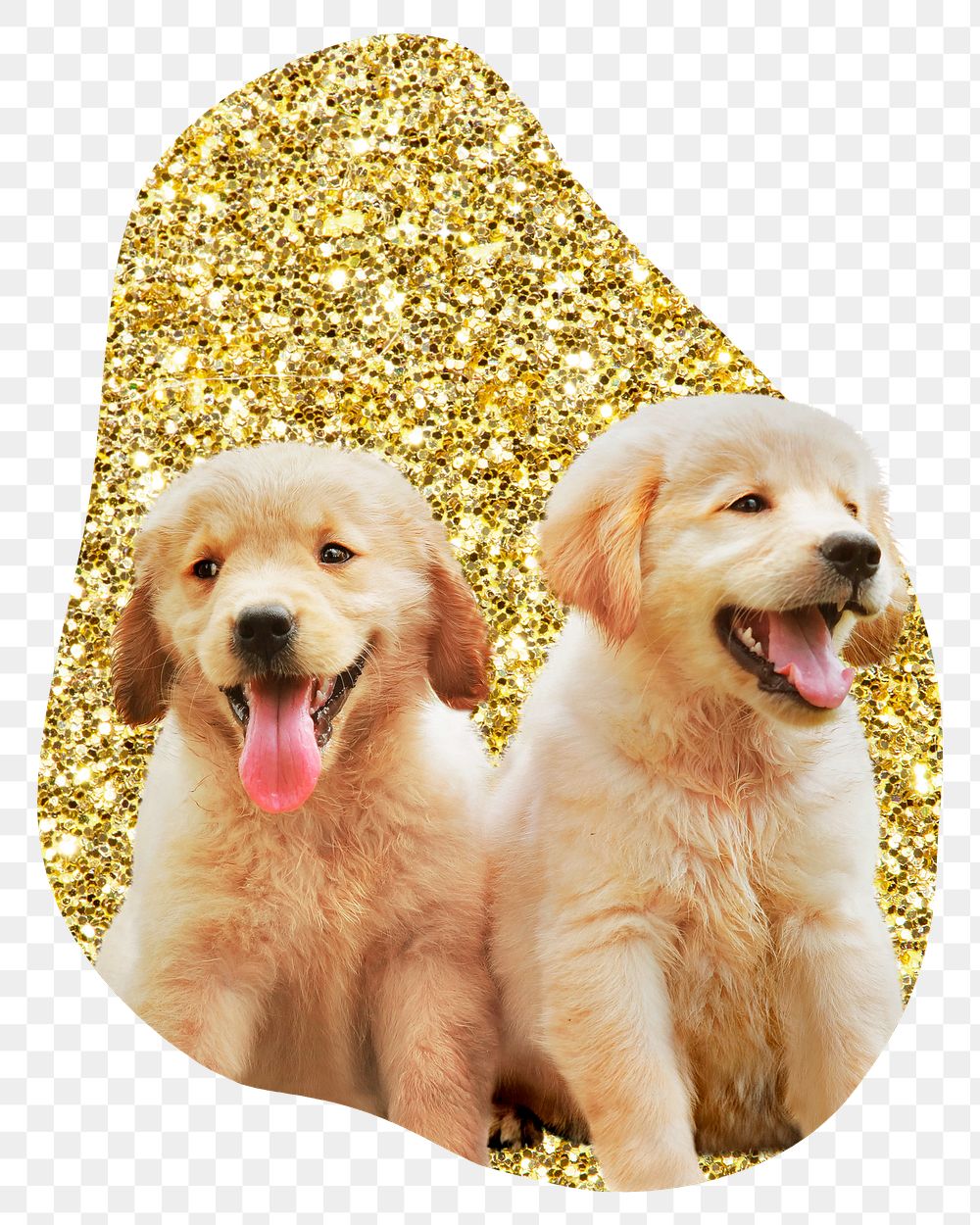 Png Golden retriever puppies badge sticker, gold glitter blob shape, transparent background