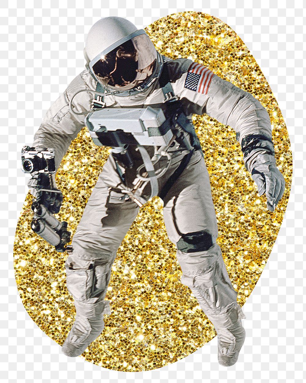 Astronaut png badge sticker, gold glitter blob shape, transparent background
