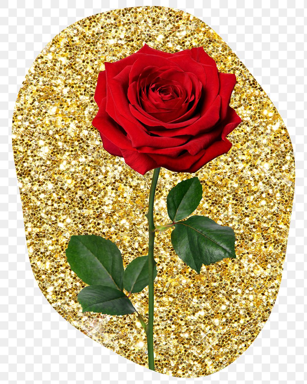 Red rose png badge sticker, gold glitter blob shape, transparent background