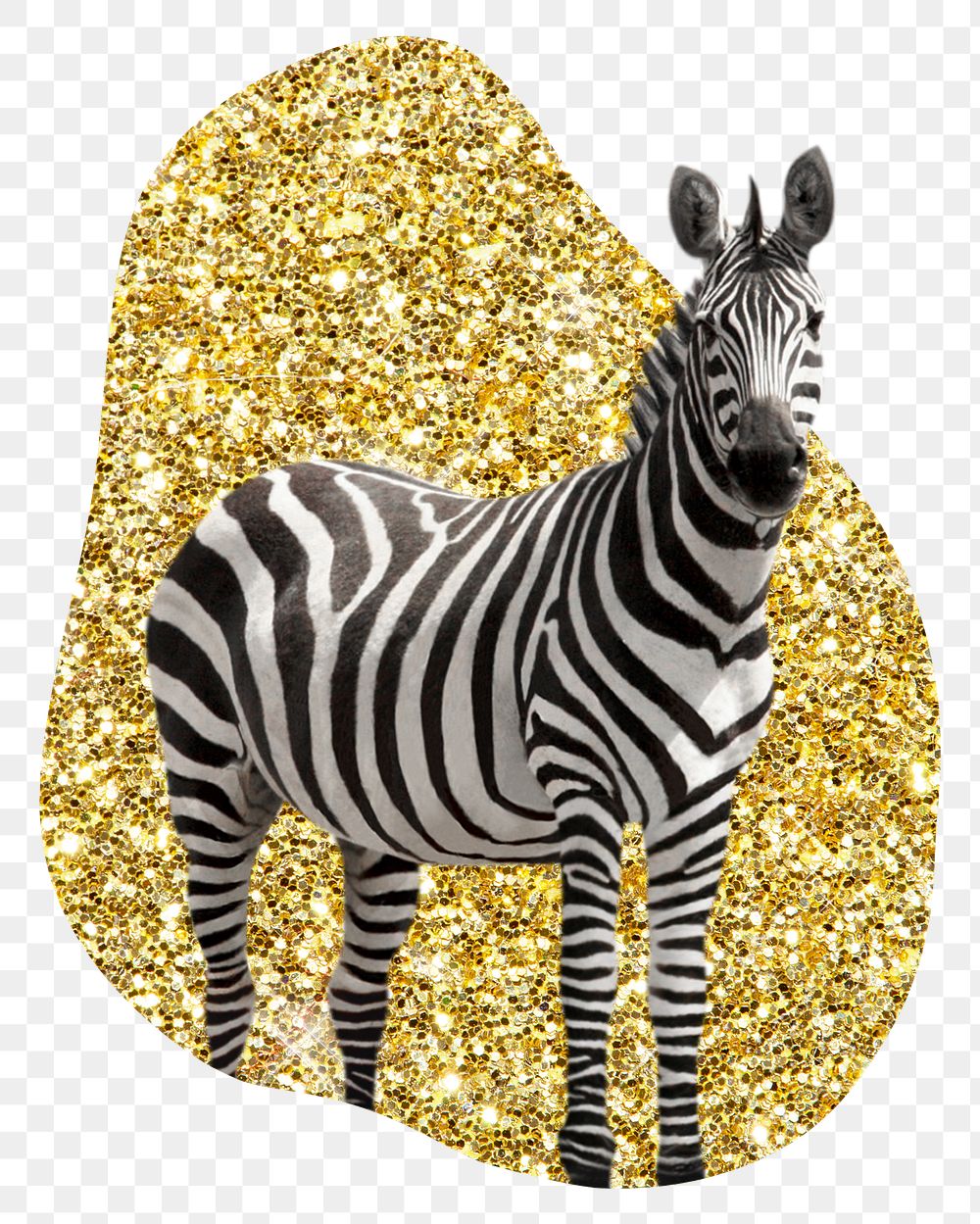 Zebra png badge sticker, gold glitter blob shape, transparent background